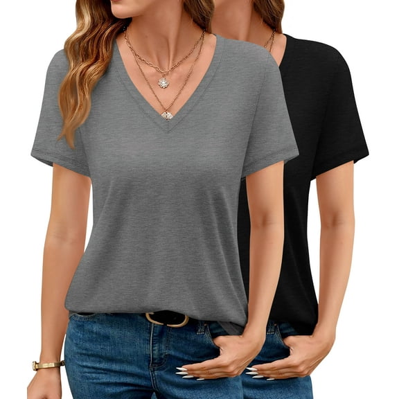 MOSHU 2 Pack Womens T Shirts V Neck Casual Tops Short Sleeve Comfort Fit Shirts for Women