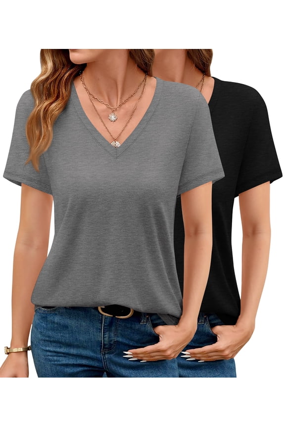 2 Pack Womens T Shirts V Neck Casual Tops Short Sleeve Comfort Fit Shirts for Women