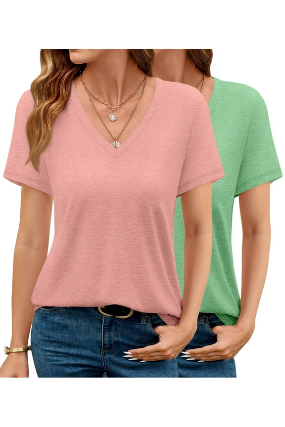 2 Pack Womens T Shirts V Neck Casual Tops Short Sleeve Comfort Fit Shirts for Women