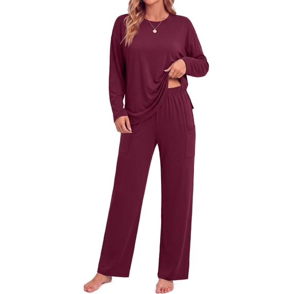 MOSHU 2 Piece Lounge Sets for Women Side Slit Pajamas Sets Loose Long Sleeve Tops and Wide Leg Pants Casual Outfits