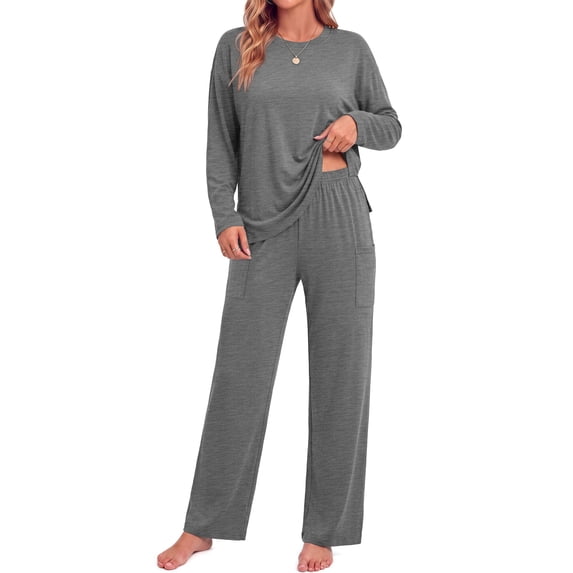 MOSHU 2 Piece Lounge Sets for Women Side Slit Pajamas Sets Loose Long Sleeve Tops and Wide Leg Pants Casual Outfits