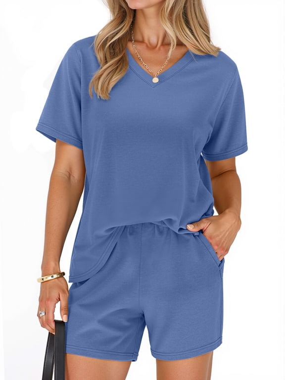 2 Piece Sets for Women Summer Lounge Short Sets Casual Oversized V Neck Shirts And Shorts Matching Fashion Outfits