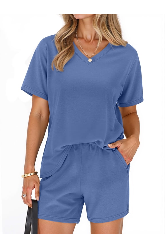 2 Piece Sets for Women Summer Lounge Short Sets Casual Oversized V Neck Shirts And Shorts Matching Fashion Outfits
