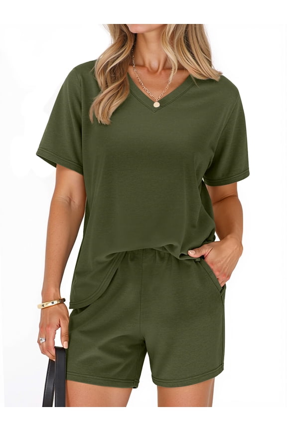 2 Piece Sets for Women Summer Lounge Short Sets Casual Oversized V Neck Shirts And Shorts Matching Fashion Outfits