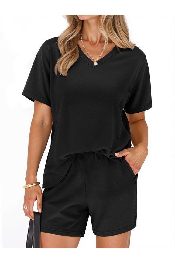 2 Piece Sets for Women Summer Lounge Short Sets Casual Oversized V Neck Shirts And Shorts Matching Fashion Outfits