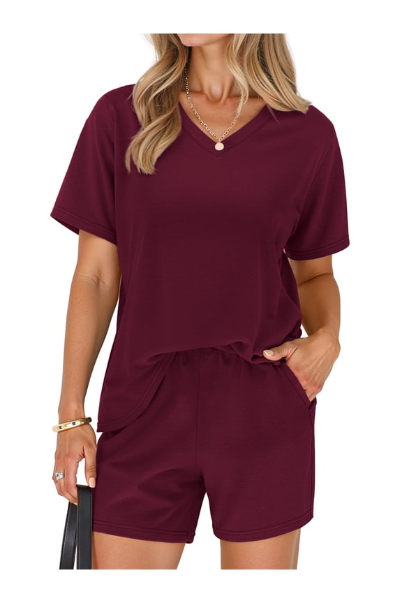 2 Piece Sets for Women Summer Lounge Short Sets Casual Oversized V Neck Shirts And Shorts Matching Fashion Outfits