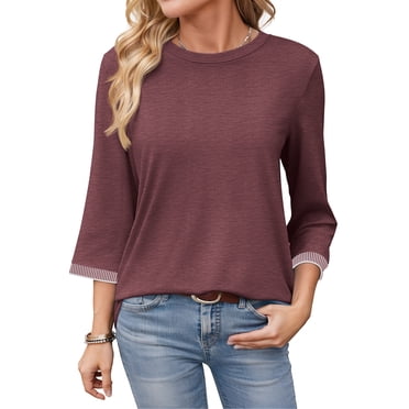 MOSHU 3/4 Sleeve Tops for Women Crew Neck Ribbed Cuff Tops Lightweight Summer Casual Dressy Shirts