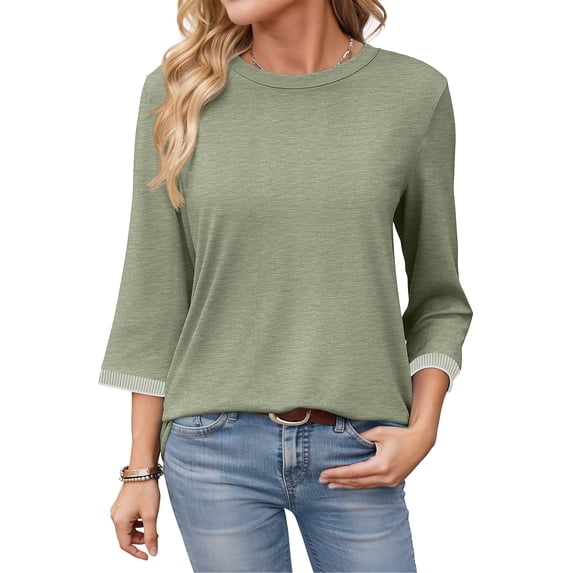 MOSHU 3/4 Sleeve Tops for Women Crew Neck Ribbed Cuff Tops Lightweight Summer Casual Dressy Shirts