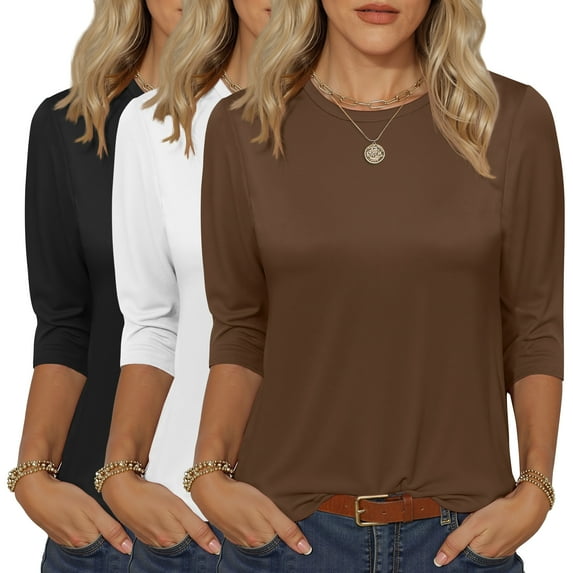 MOSHU 3 Pack 3/4 T Shirts for Womens Crew Neck Womens Shirts Dressy Basics Tees Casual Loose Fit Fall Tops