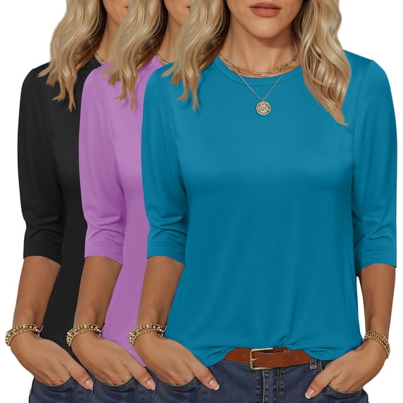 MOSHU 3 Pack 3/4 T Shirts for Womens Crew Neck Womens Shirts Dressy Basics Tees Casual Loose Fit Fall Tops