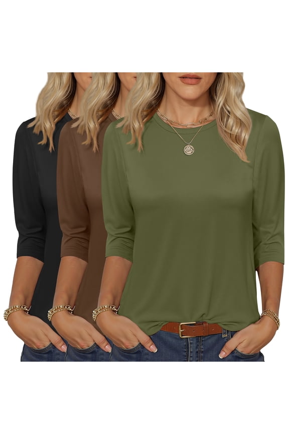 3 Pack 3/4 T Shirts for Womens Crew Neck Womens Shirts Dressy Basics Tees Casual Loose Fit Fall Tops