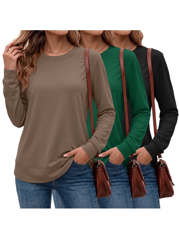 3 Pack Pullover Sweatshirts for Women Crew Neck Long Sleeve Shirts Casual Loose Fit Sweatshirts Curved Hem Tunic Tops