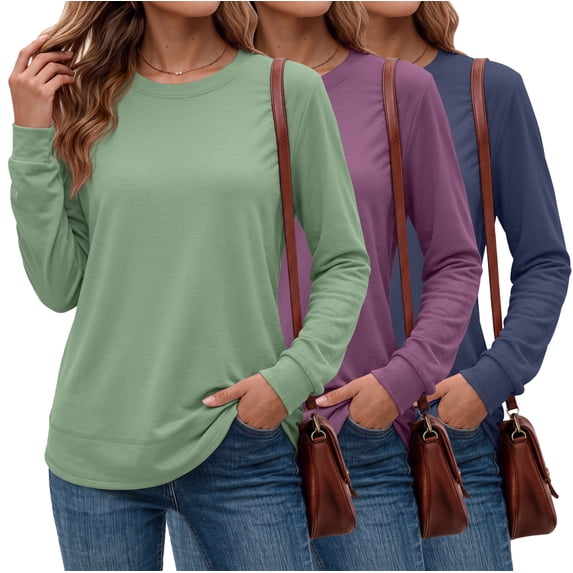 MOSHU 3 Pack Pullover Sweatshirts for Women Crew Neck Long Sleeve Shirts Casual Loose Fit Sweatshirts Curved Hem Tunic Tops