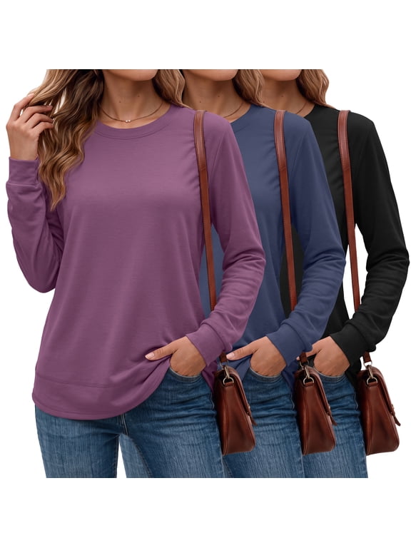 3 Pack Pullover Sweatshirts for Women Crew Neck Long Sleeve Shirts Casual Loose Fit Sweatshirts Curved Hem Tunic Tops