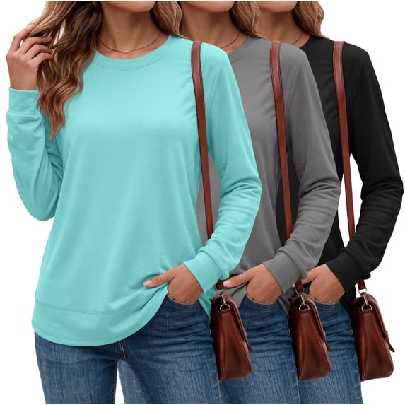 MOSHU 3 Pack Pullover Sweatshirts for Women Crew Neck Long Sleeve Shirts Casual Loose Fit Sweatshirts Curved Hem Tunic Tops