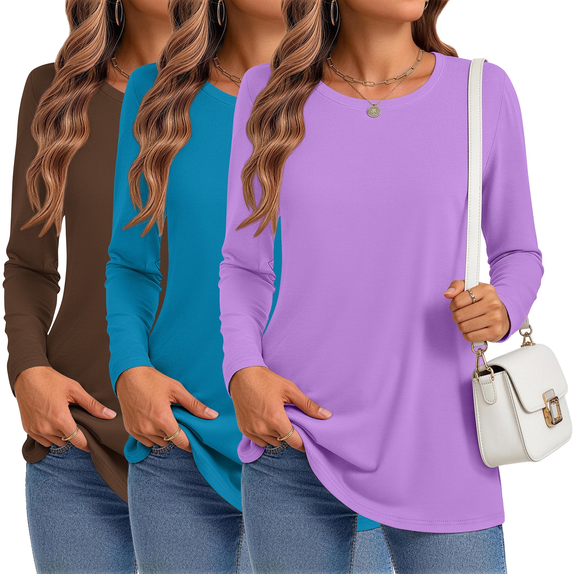 MOSHU 3 Pack T Shirts for Women Crew Neck Long Sleeve Womens shirts Casual Loose Fit Fall Tops