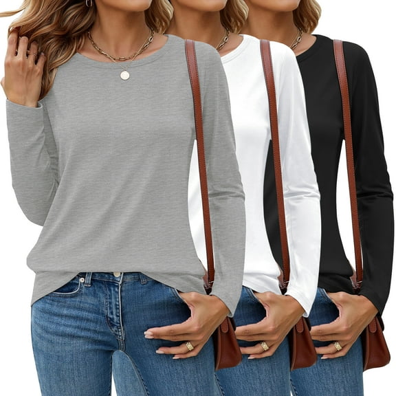 MOSHU 3 Pack T Shirts for Women Crew Neck Long Sleeve Womens shirts Casual Loose Fit Fall Tops