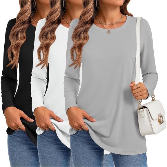 MOSHU 3 Pack T Shirts for Women Crew Neck Long Sleeve Womens shirts Casual Loose Fit Fall Tops