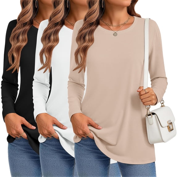 MOSHU 3 Pack T Shirts for Women Crew Neck Long Sleeve Womens shirts Casual Loose Fit Fall Tops