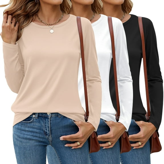 MOSHU 3 Pack T Shirts for Women Crew Neck Long Sleeve Womens shirts Casual Loose Fit Fall Tops