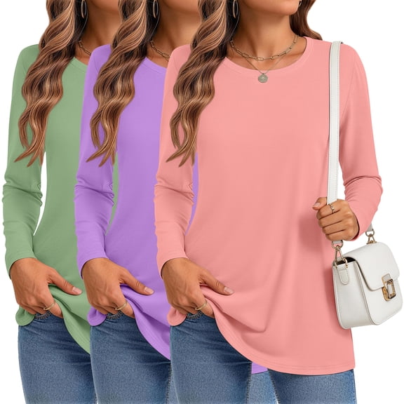 MOSHU 3 Pack T Shirts for Women Crew Neck Long Sleeve Womens shirts Casual Loose Fit Fall Tops
