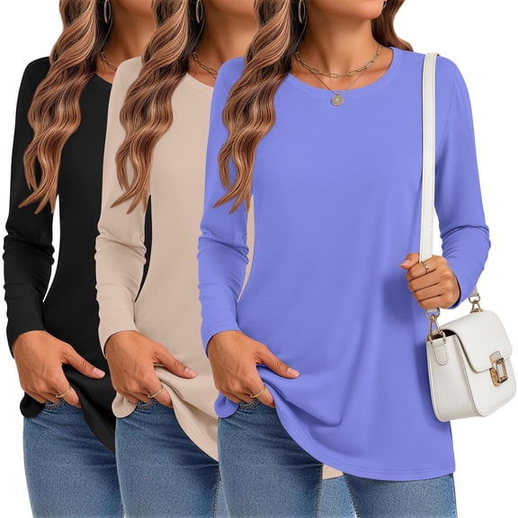 MOSHU 3 Pack T Shirts for Women Crew Neck Long Sleeve Womens shirts Casual Loose Fit Fall Tops