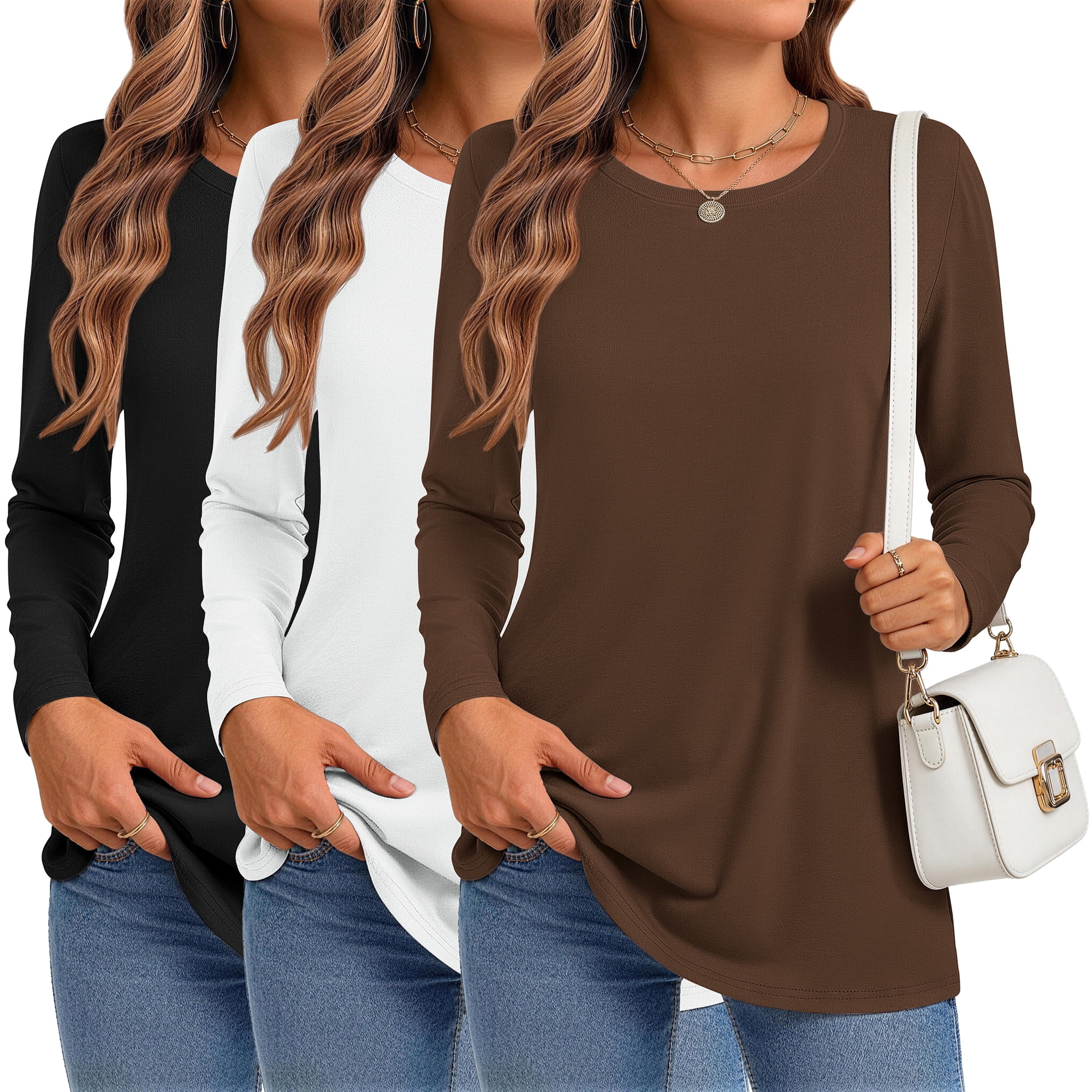 MOSHU 3 Pack T Shirts for Women Crew Neck Long Sleeve Womens shirts Casual Loose Fit Fall Tops