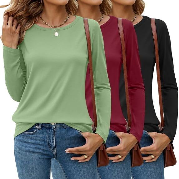 MOSHU 3 Pack T Shirts for Women Crew Neck Long Sleeve Womens shirts Casual Loose Fit Fall Tops