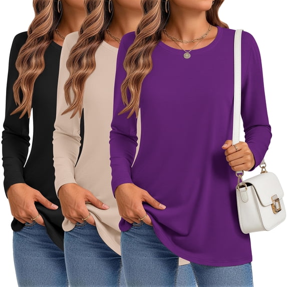 MOSHU 3 Pack T Shirts for Women Crew Neck Long Sleeve Womens shirts Casual Loose Fit Fall Tops