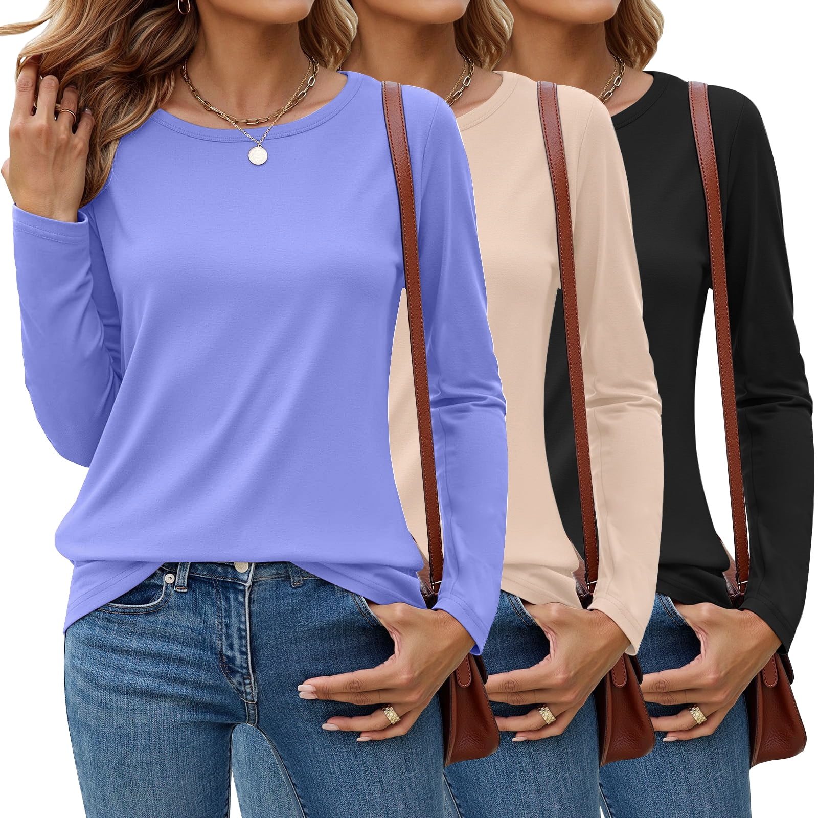 3 Pack T Shirts for Women Crew Neck Long Sleeve Womens shirts Casual Loose Fit Fall Tops