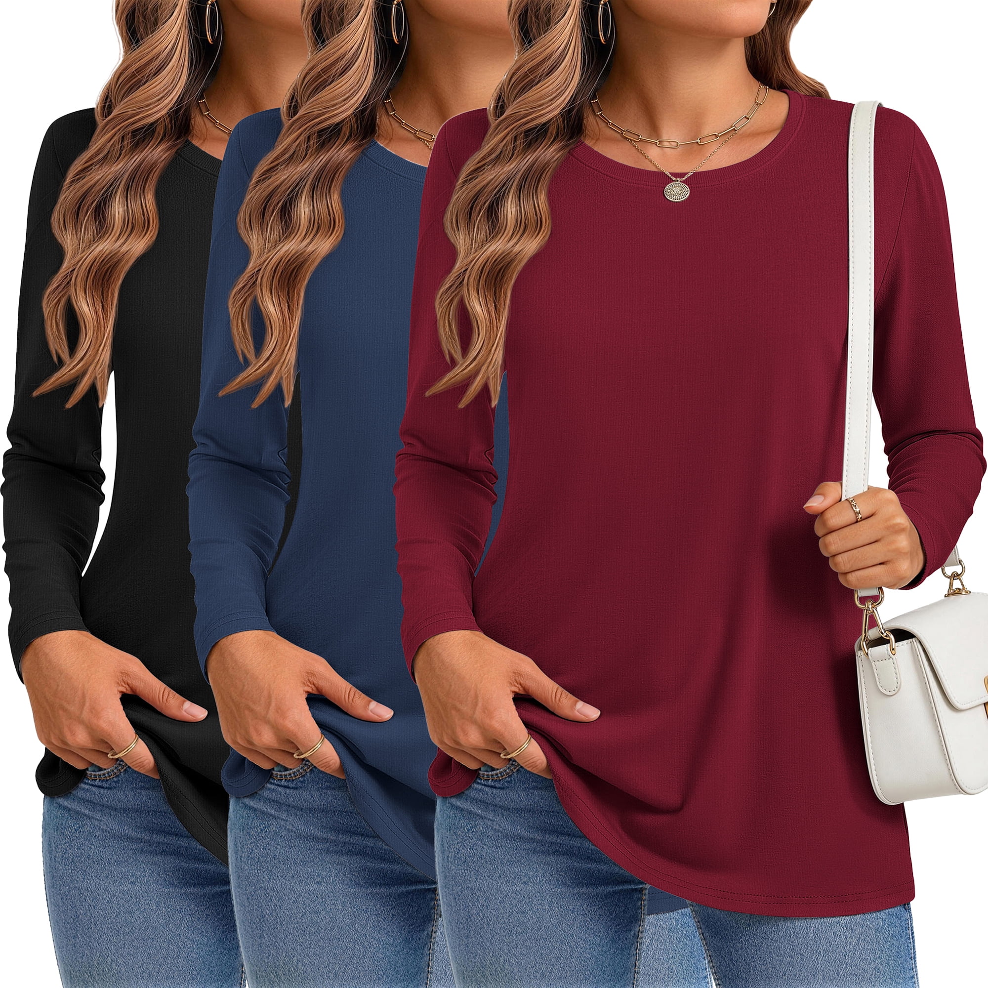 MOSHU 3 Pack T Shirts for Women Crew Neck Long Sleeve Womens shirts Casual Loose Fit Fall Tops