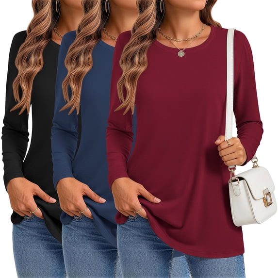 MOSHU 3 Pack T Shirts for Women Crew Neck Long Sleeve Womens shirts Casual Loose Fit Fall Tops
