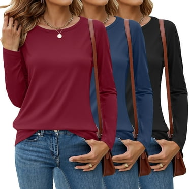 MOSHU 3 Pack T Shirts for Women Crew Neck Long Sleeve Womens shirts Casual Loose Fit Fall Tops