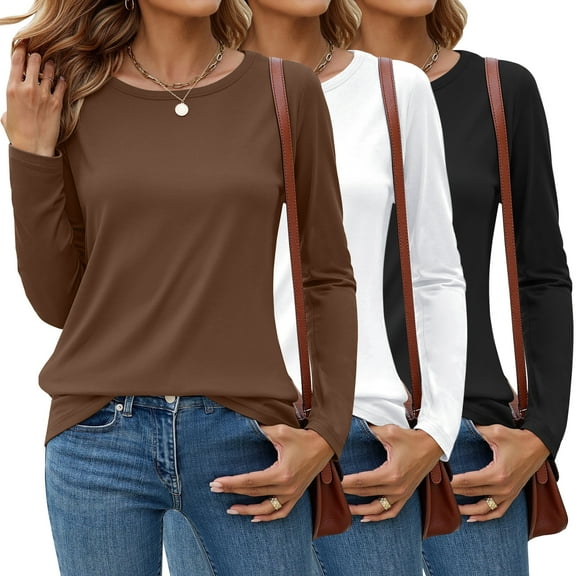 MOSHU 3 Pack T Shirts for Women Crew Neck Long Sleeve Womens shirts Casual Loose Fit Fall Tops