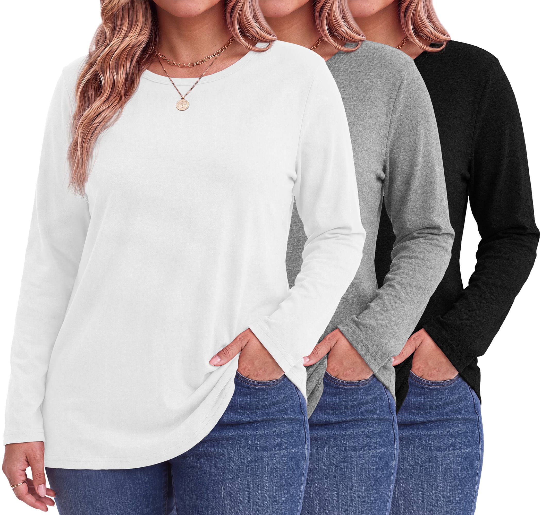 MOSHU 3 Pack T Shirts for Women Crew Neck Plus Size Women Shirts Long Sleeve Tees Casual Basic Fall Tops