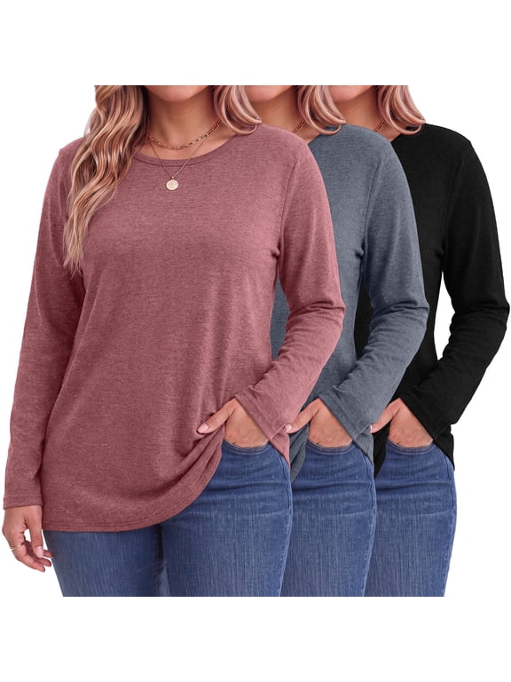 3 Pack T Shirts for Women Crew Neck Plus Size Women Shirts Long Sleeve Tees Casual Basic Fall Tops