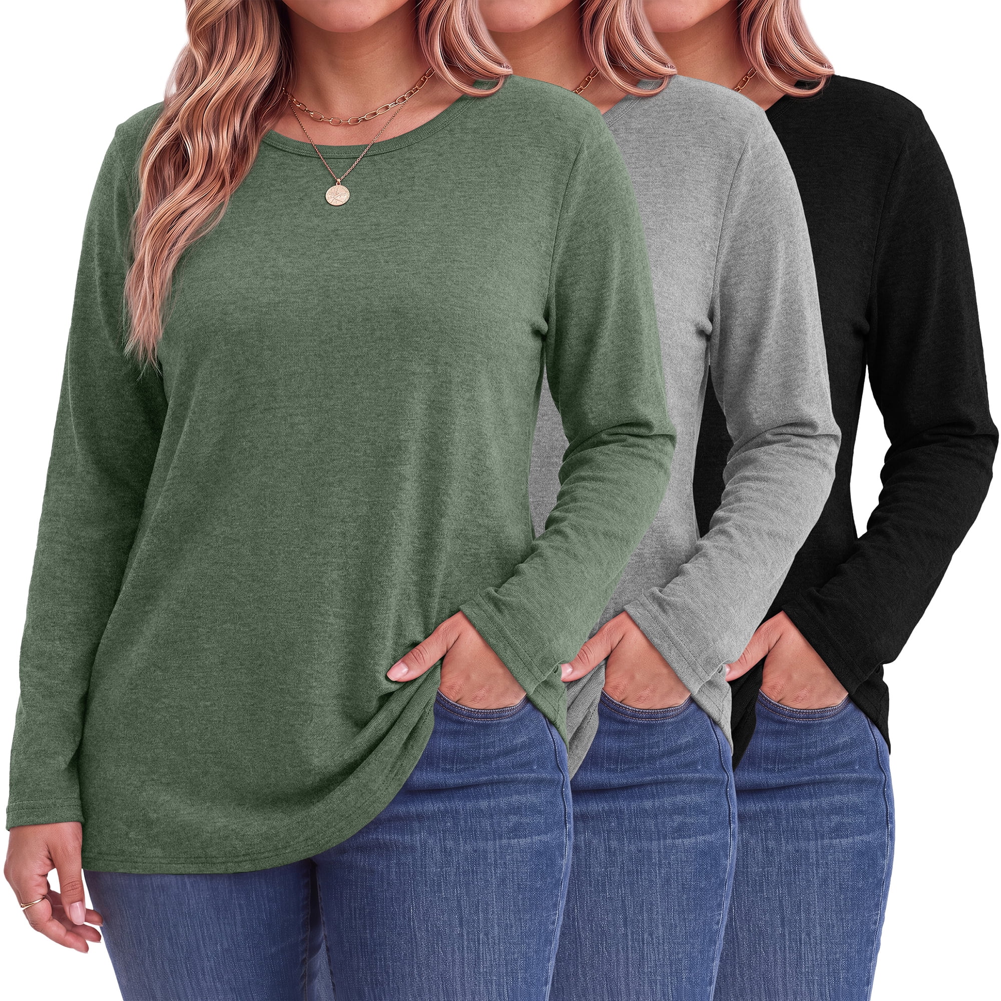 MOSHU 3 Pack T Shirts for Women Crew Neck Plus Size Women Shirts Long ...