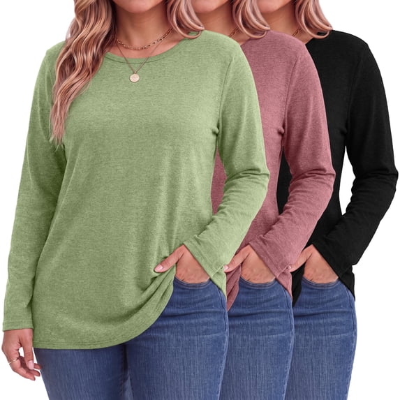 MOSHU 3 Pack T Shirts for Women Crew Neck Plus Size Women Shirts Long Sleeve Tees Casual Basic Fall Tops