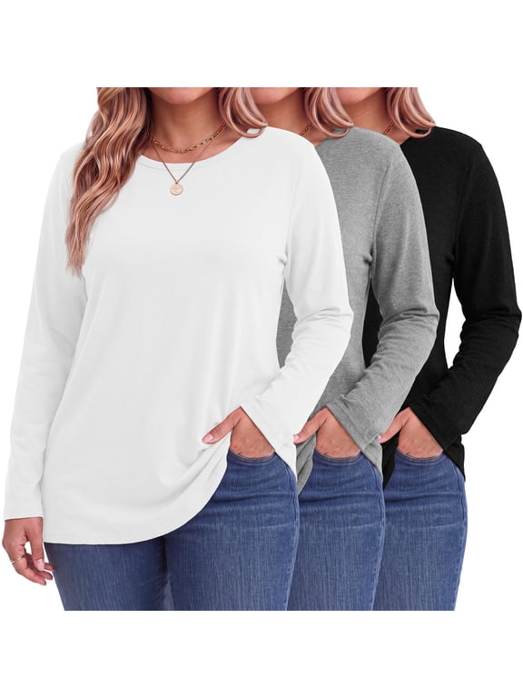3 Pack T Shirts for Women Crew Neck Plus Size Women Shirts Long Sleeve Tees Casual Basic Fall Tops
