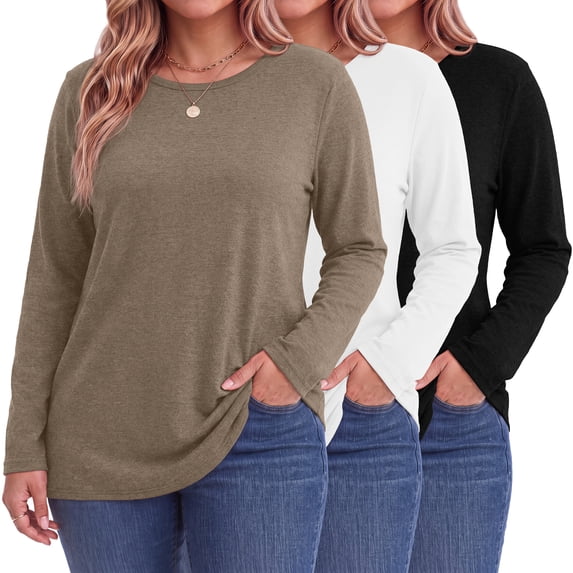 MOSHU 3 Pack T Shirts for Women Crew Neck Plus Size Women Shirts Long Sleeve Tees Casual Basic Fall Tops