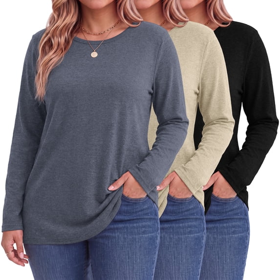 MOSHU 3 Pack T Shirts for Women Crew Neck Plus Size Women Shirts Long Sleeve Tees Casual Basic Fall Tops