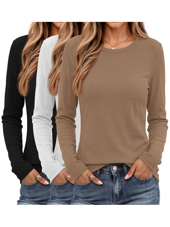 3 Pack T Shirts for Women Ribbed Long Sleeve Shirts Crew Neck Slim Fit Undershirts Casual Fall Tight Tops