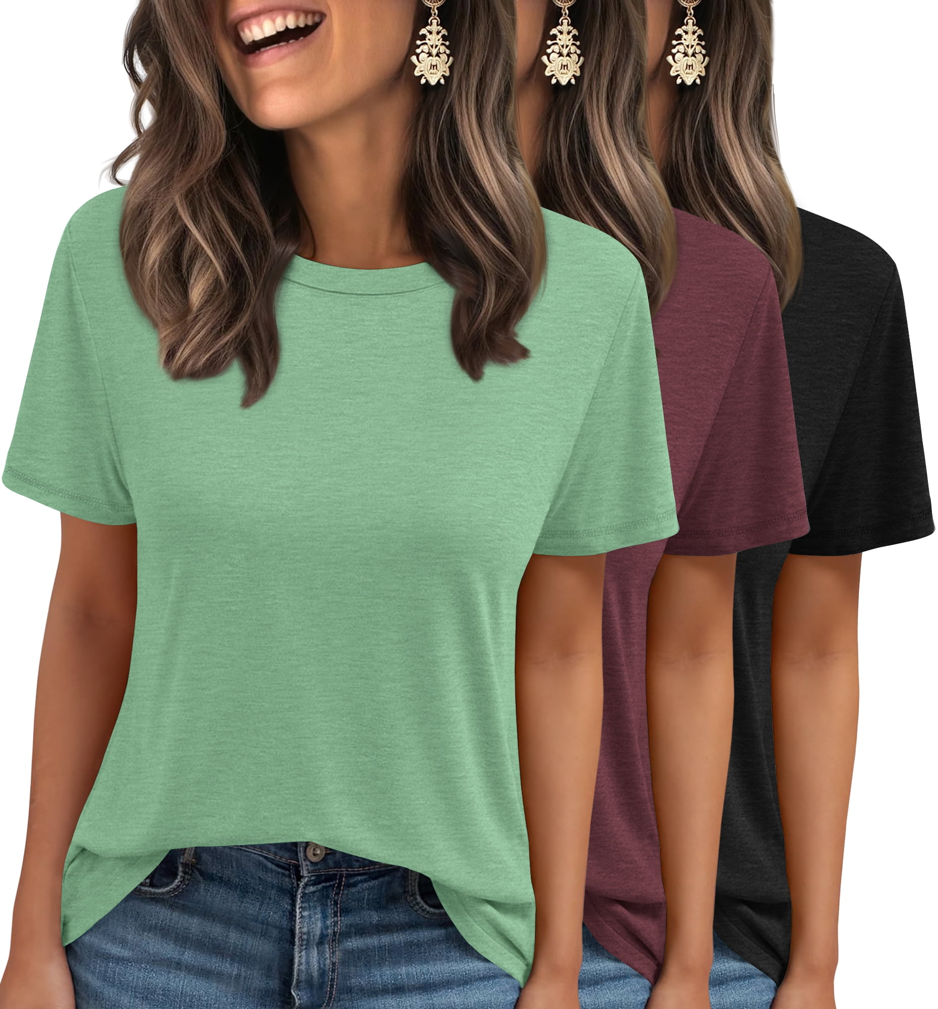 MOSHU 3 Pack T-Shirts for Women Short Sleeve Summer Womens Plus Size Tops Casual Curved Hem Shirts Beach Outfits