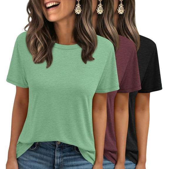 MOSHU 3 Pack T-Shirts for Women Short Sleeve Summer Womens Tops Casual Curved Hem Shirts Beach Outfits
