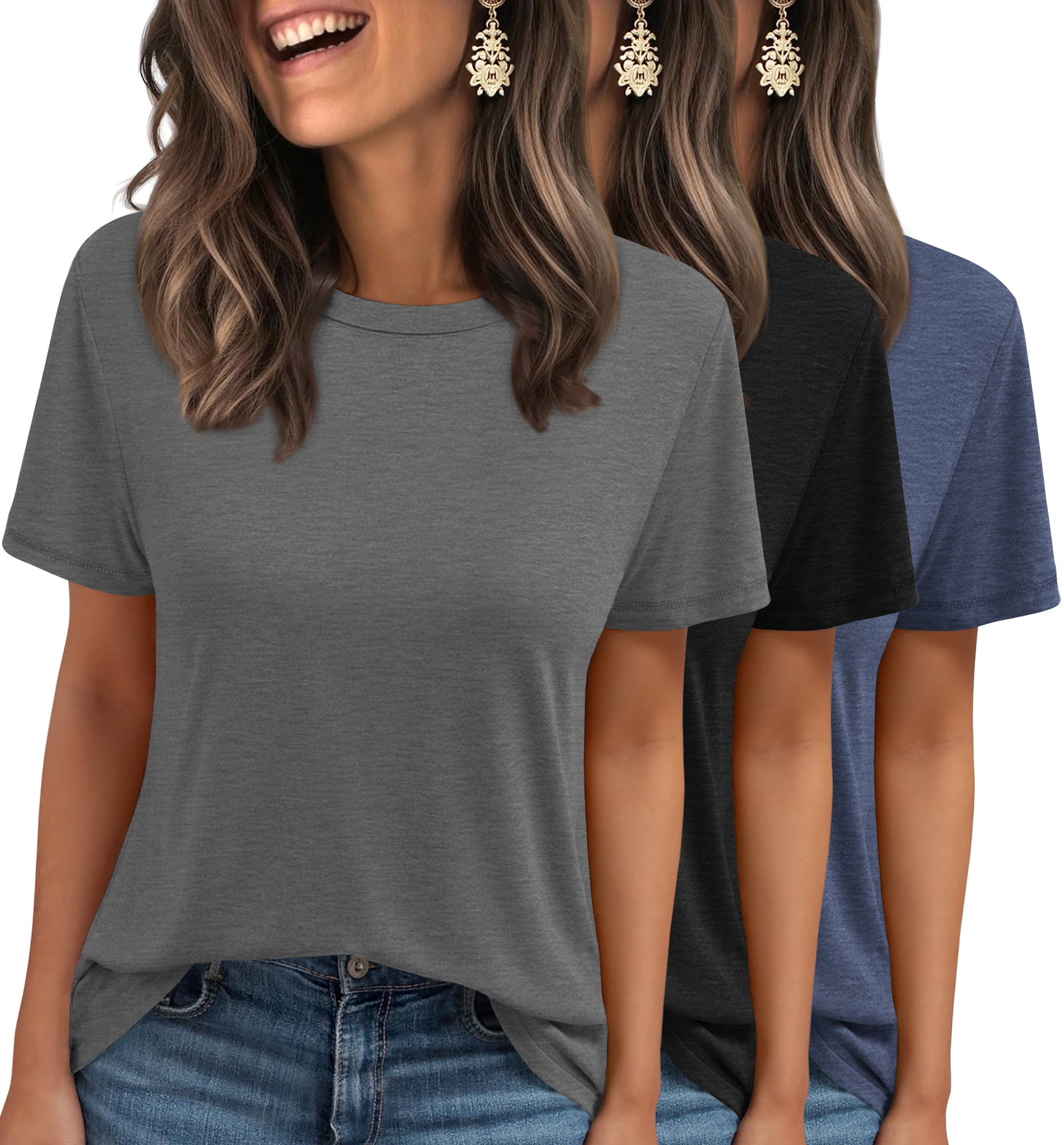 MOSHU 3 Pack T-Shirts for Women Short Sleeve Summer Womens Tops Casual Curved Hem Shirts Beach Outfits