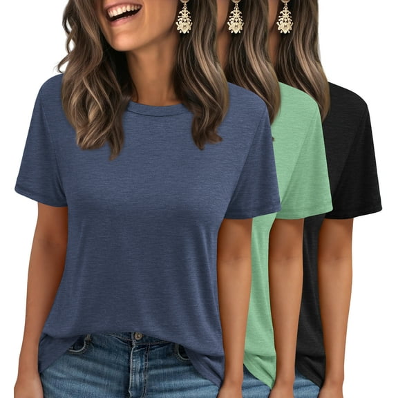 MOSHU 3 Pack T-Shirts for Women Short Sleeve Summer Womens Tops Casual Curved Hem Shirts Beach Outfits