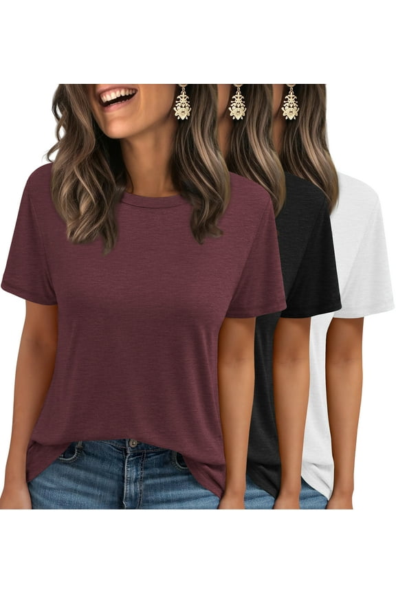 3 Pack T-Shirts for Women Short Sleeve Summer Womens Tops Casual Curved Hem Shirts Beach Outfits