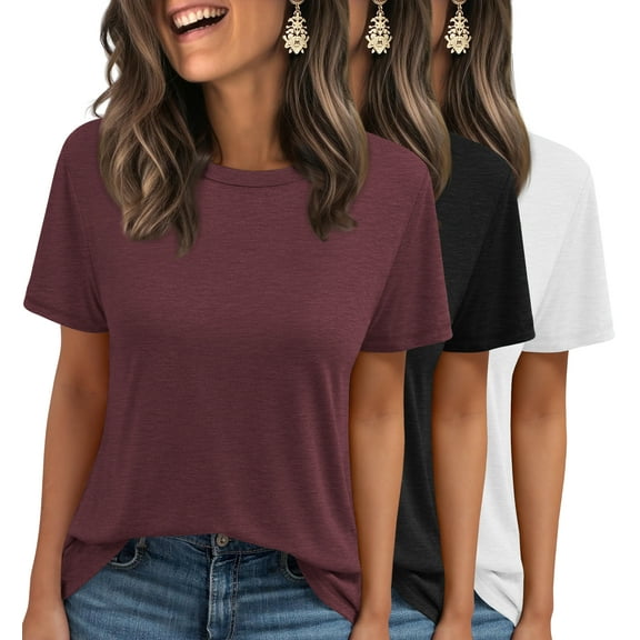 MOSHU 3 Pack T-Shirts for Women Short Sleeve Summer Womens Tops Casual Curved Hem Shirts Beach Outfits