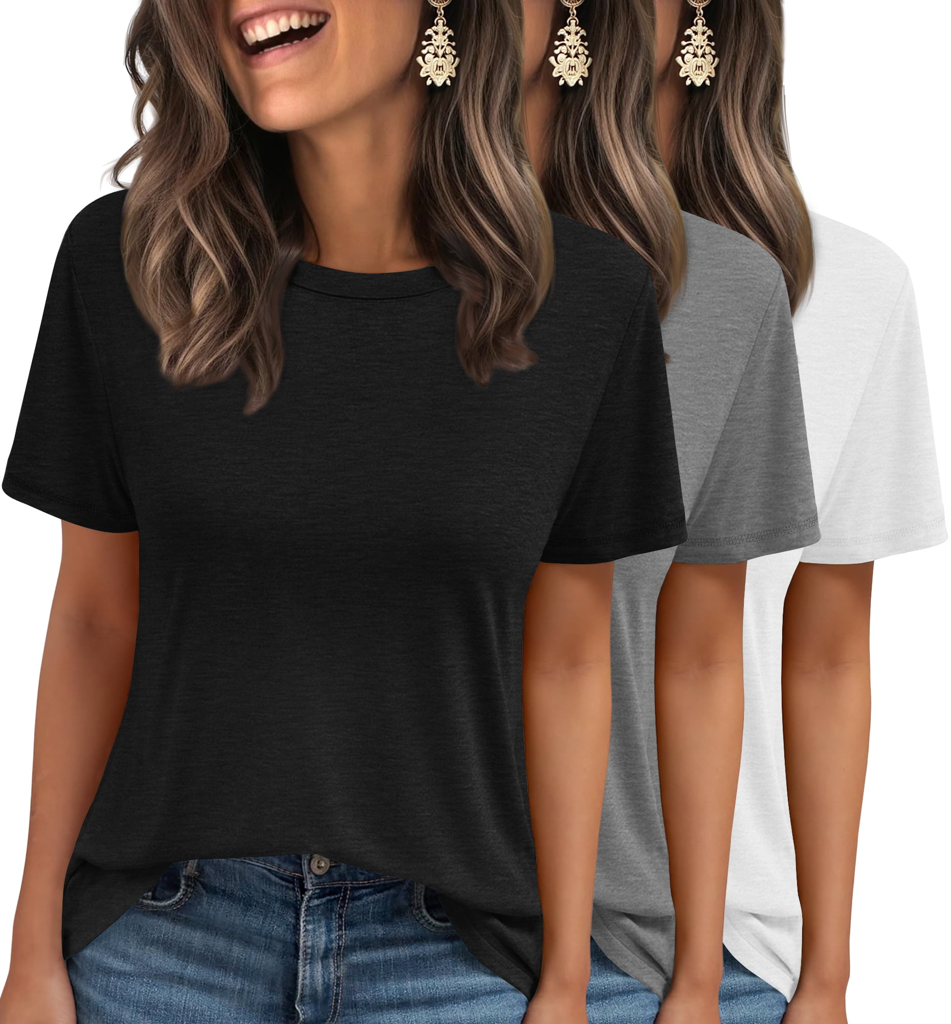MOSHU 3 Pack T-Shirts for Women Short Sleeve Summer Womens Tops Casual Curved Hem Shirts Beach Outfits