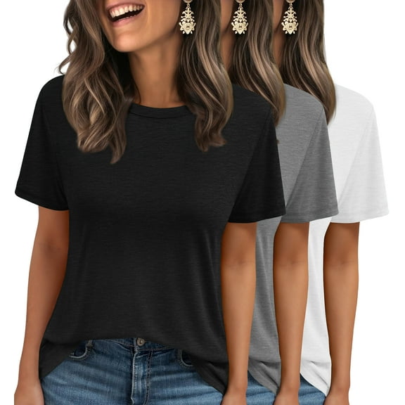 MOSHU 3 Pack T-Shirts for Women Short Sleeve Summer Womens Tops Casual Curved Hem Shirts Beach Outfits